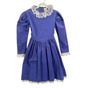 Love Union Made Girls Corduroy Lace Trim Dress Size 10 Blue Vintage